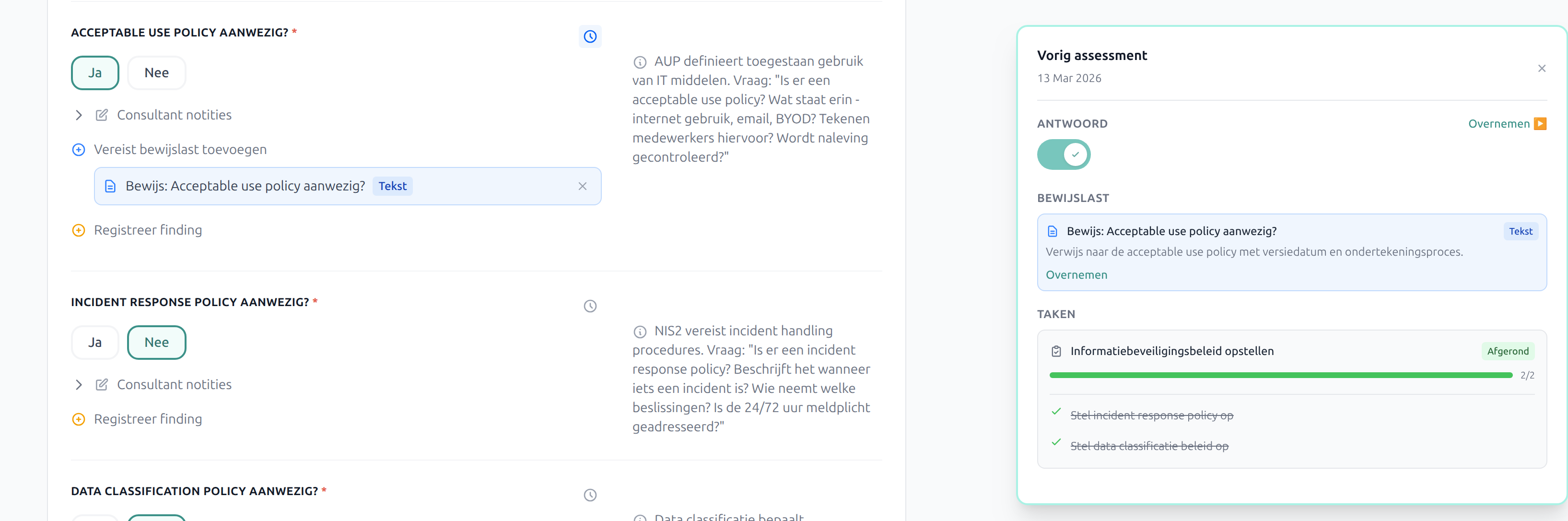 Assessment vragenlijst met hulptekst en bewijslast