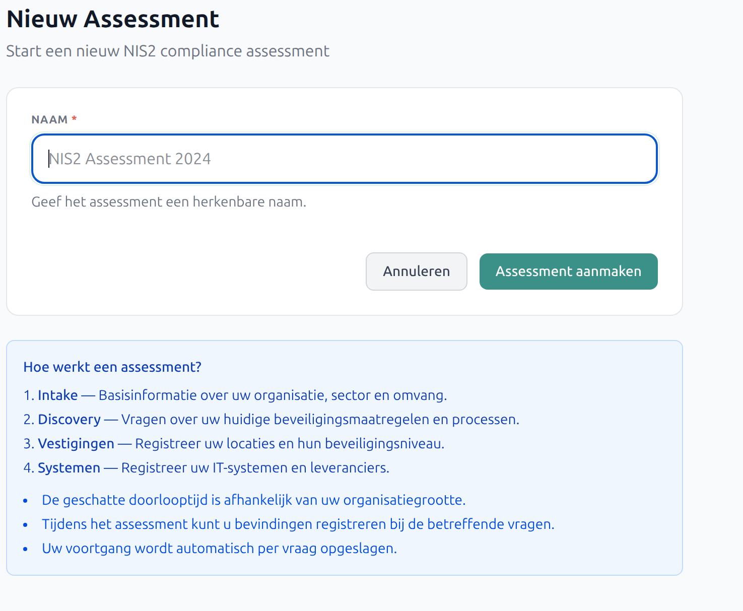 Eerste assessment aanmaken