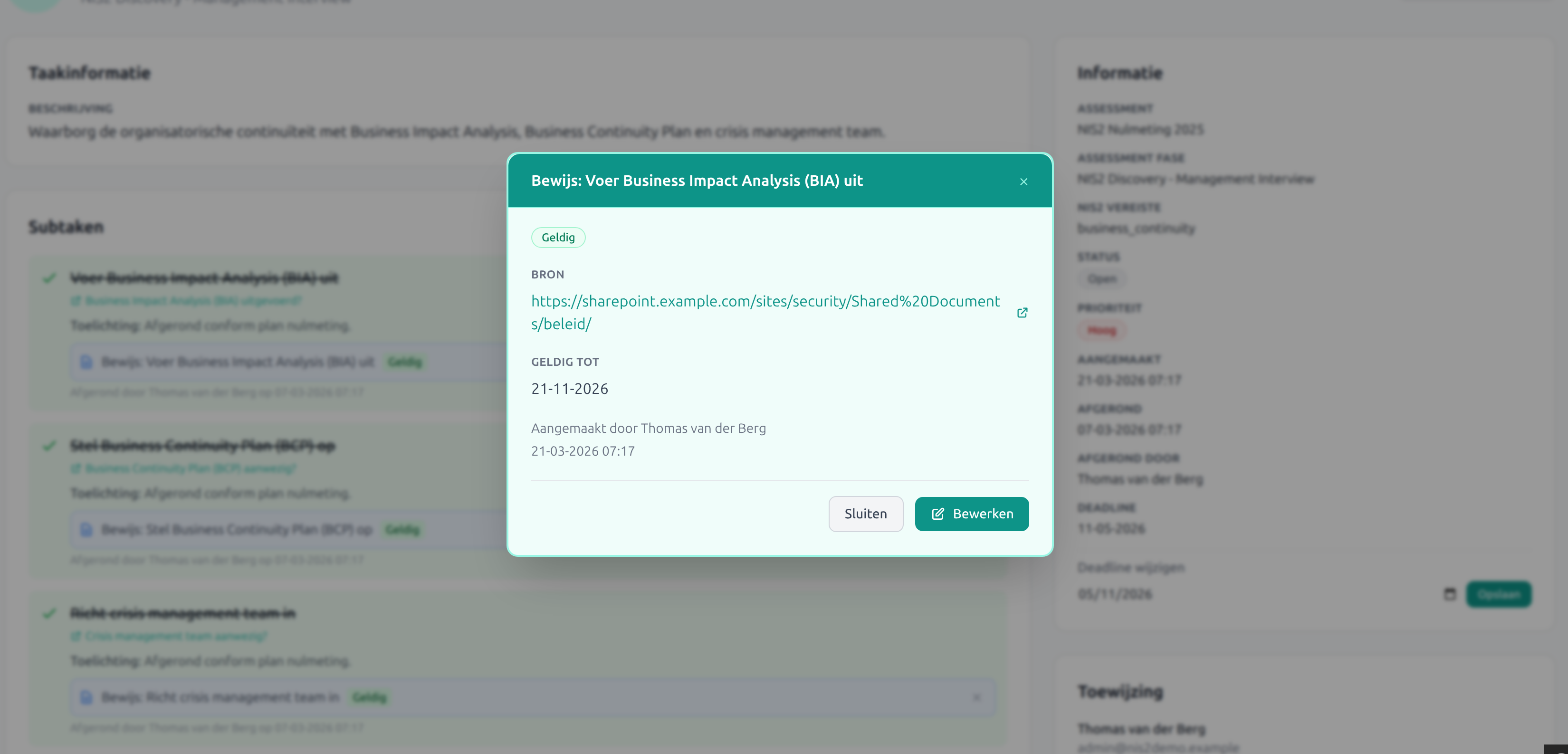 Evidence gekoppeld aan taak