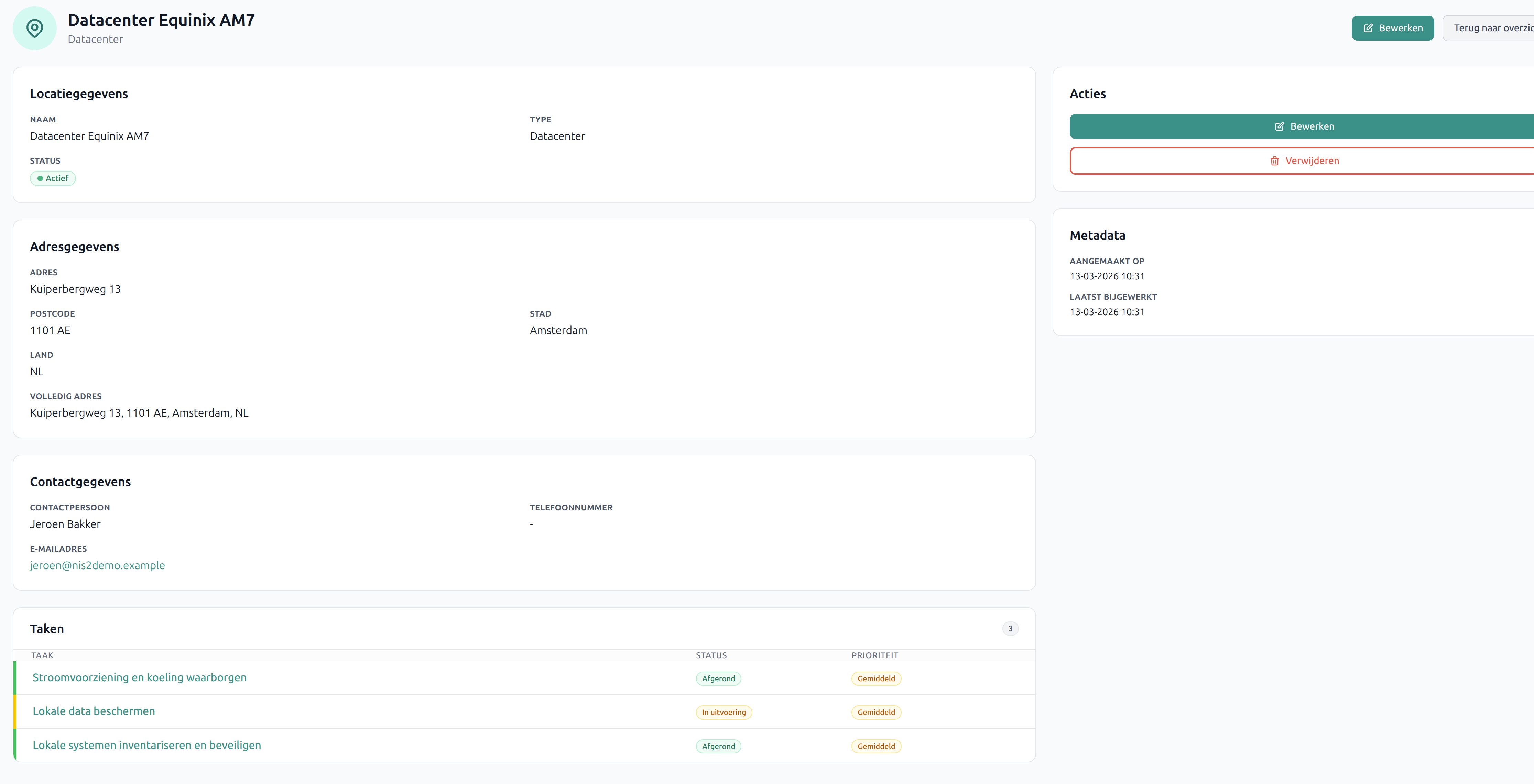 Locatie detailpagina met adres en taken