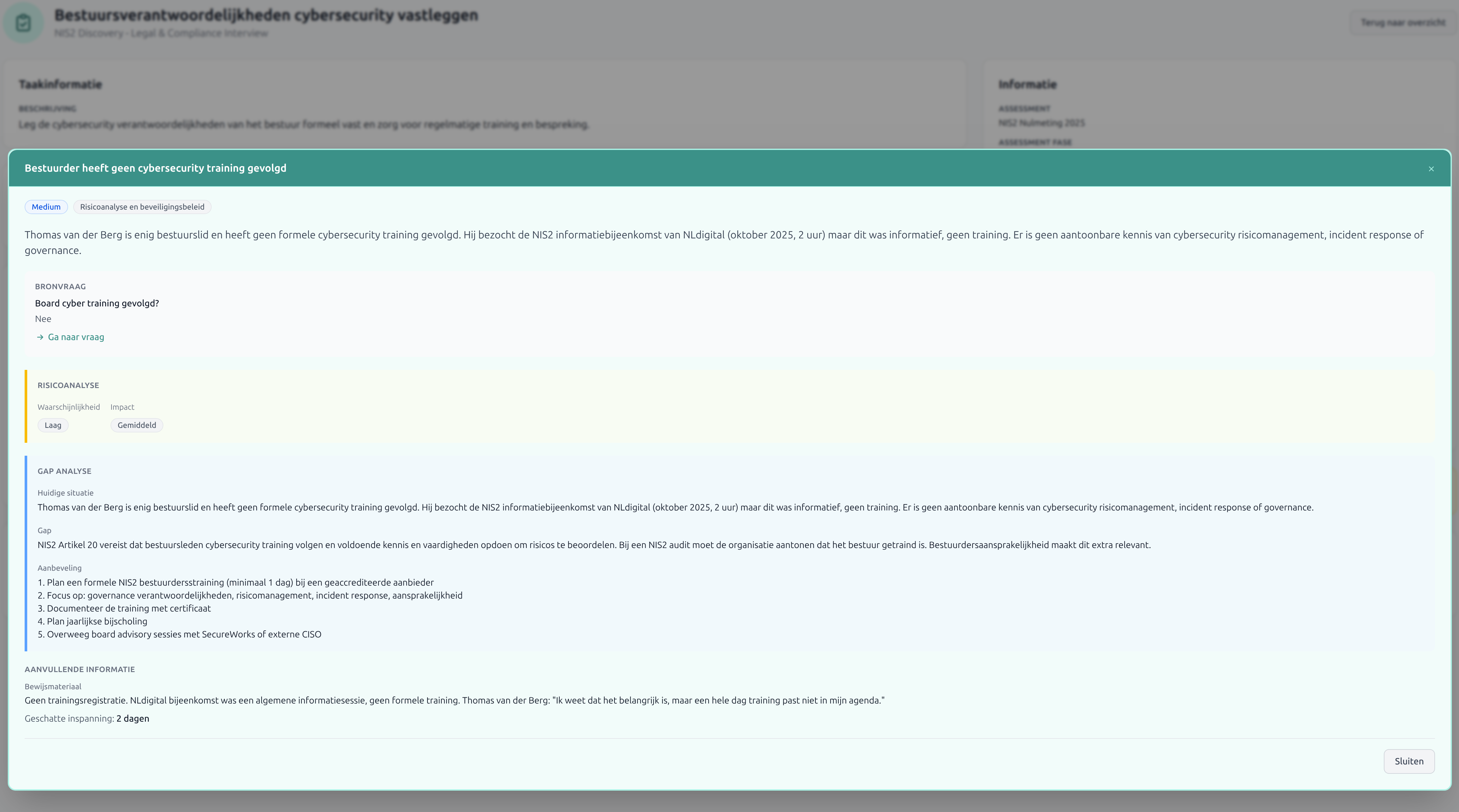 Bevinding detail met risicoanalyse en aanbevelingen