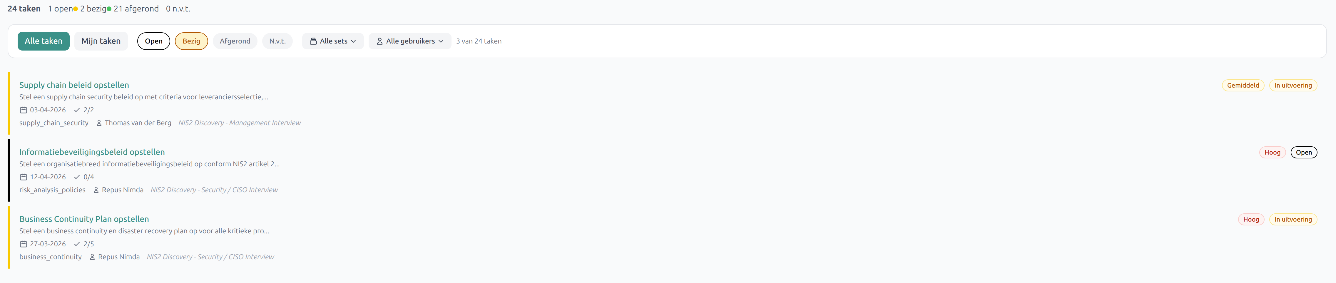 Taken overzicht met filters op status, set en gebruiker